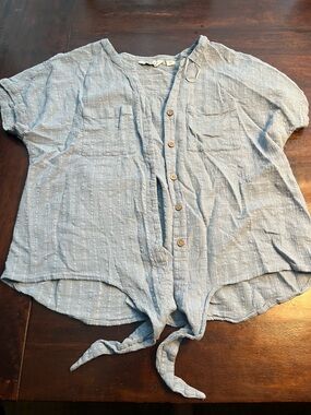 AFF Light Blue Button-Front Tie Hem Top